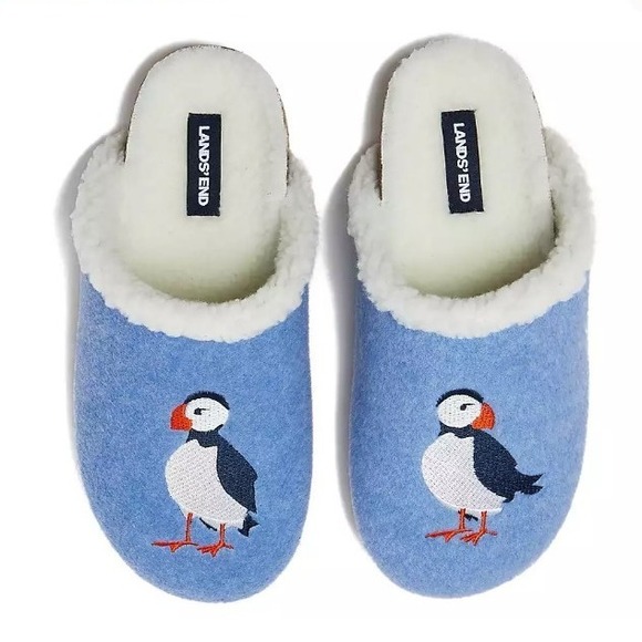 Lands End Womens 9 Persian Blue Puffins Sherpa Lined Felt Clog House Slippers - Picture 1 of 5